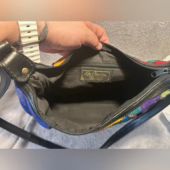 Vtg 80s La Covina Multicolored Recycled Leather Patchwork Shoulder Bag w/ Wallet - Picture 7 of 16